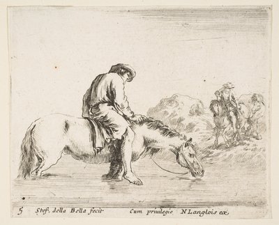 Ilustração 5: um camponês descalço a cavalo atravessando um rio, outro camponês a cavalo ..., ca. 1644-47. de Stefano della Bella