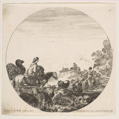 Ilustração 5: uma mulher carregando uma criança a cavalo à esquerda, um camelo a seguindo, um rebanho de ..., ca. 1646 de Stefano della Bella