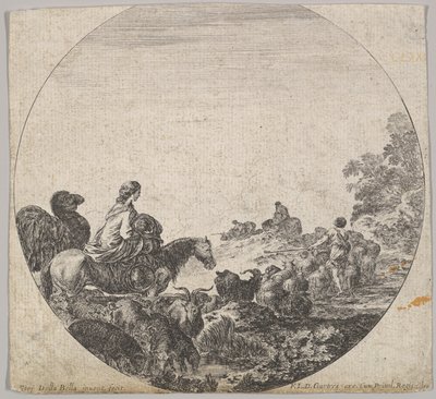 Ilustração 5: uma mulher carregando um filho a cavalo para a esquerda, um camelo a seguindo, um rebanho ..., ca. 1643-48. de Stefano della Bella