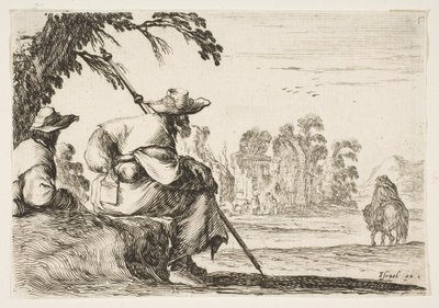 Ilustração 5: dois peregrinos com chapéus descansam à esquerda, vistos por trás, um cavaleiro cavalga até ..., 1642. de Stefano della Bella