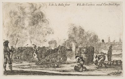 Ilustração 6: bateria de canhões disparando contra uma cidade, de Various Military Caprices Varii ..., ca. 1641 de Stefano della Bella