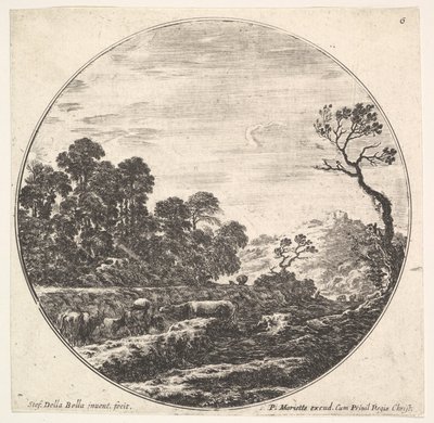 Ilustração 6: vacas cruzando um vale para a esquerda, um grupo de árvores para a esquerda, um cavaleiro e o ..., ca. 1643-48. de Stefano della Bella