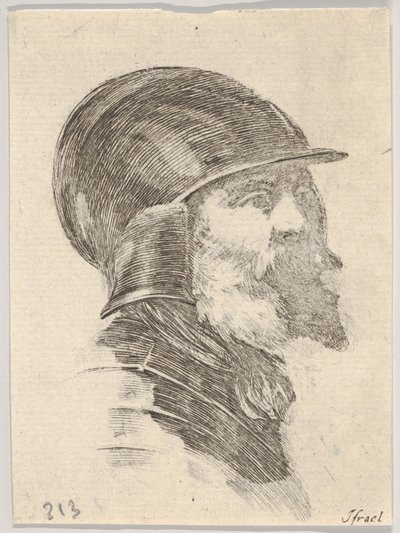 Ilustração 6: cabeça de um velho soldado barbudo usando um capacete voltado para a direita, de Various heads ..., 1650. de Stefano della Bella