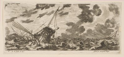 Ilustração 6: três navios em uma tempestade, dos embarques de Various Embarkations Divers, ca. 1646-47. de Stefano della Bella