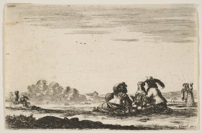 Ilustração 7: Dois nobres sentados no centro, vistos por trás, conversando com um mar nobre ..., 1642. de Stefano della Bella