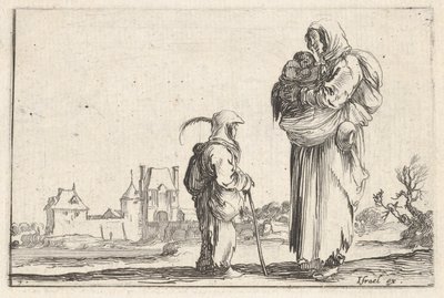 Ilustração 7: uma camponesa carregando uma criança para a direita, falando com outra criança em pé..., ca. 1642. de Stefano della Bella
