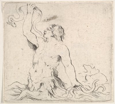 Prancha 7: um tritão na água, virado para a esquerda, segurando uma enguia na mão direita e t..., ca. 1646. de Stefano della Bella