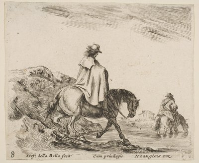 Ilustração 8: um cavaleiro desce uma margem do rio, outro cavaleiro no rio para a direita, de ..., ca. 1644-47. de Stefano della Bella