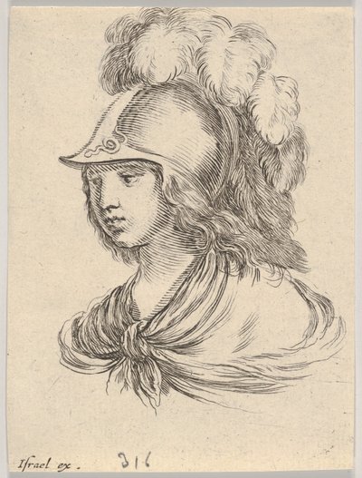 Ilustração 9: busto de Minerva, usando um capacete com penas, olhando para a esquerda, a partir de ..., 1650. de Stefano della Bella