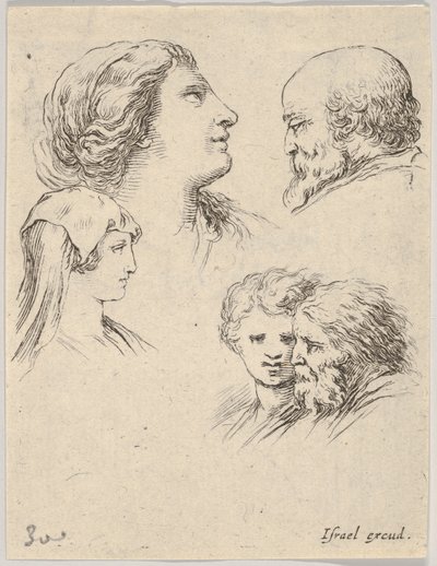 Ilustração 9: cinco cabeças, duas moças à esquerda, um homem barbudo no canto superior direito, uma moça ..., ca. 1649 de Stefano della Bella