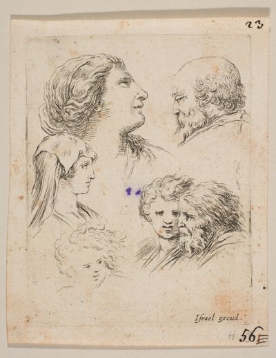 Ilustração 9: cinco cabeças, duas moças à esquerda, um homem barbudo no canto superior direito, uma moça ..., ca. 1649 de Stefano della Bella