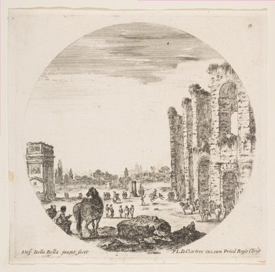 Ilustração 9: o Arco de Constantino à esquerda, parte do Coliseu à direita, vários hors ..., ca. 1646 de Stefano della Bella