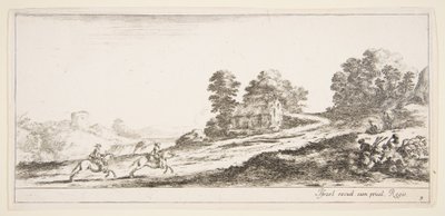 Ilustração 9: dois cavaleiros à esquerda galopando subindo em direção à direita, um cavalo e sentado ..., ca. 1641 de Stefano della Bella