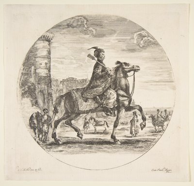 Cavaleiro polonês no perfil voltado para a direita, uma torre e outras figuras sobre cavalos no est ..., ca. 1651 de Stefano della Bella
