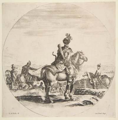 Cavaleiro polonês com arco e flecha, visto por trás com o cavalo voltado para a direita, ... ca. 1651 de Stefano della Bella