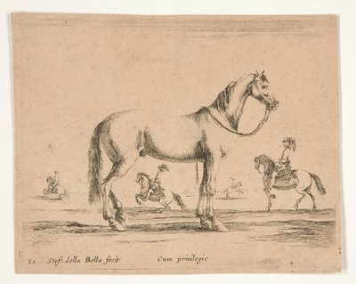 Cavalo sem cavaleiro, com cavaleiros fazendo adestramento em segundo plano de Stefano della Bella