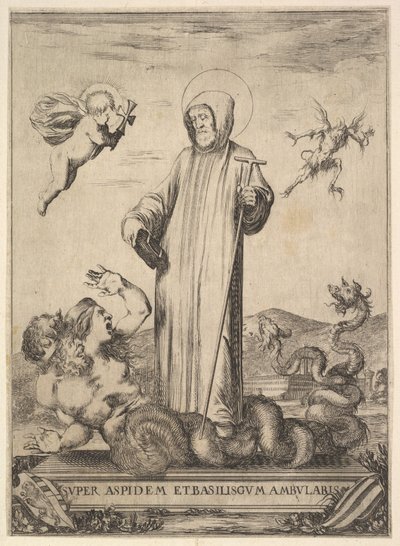Saint Jean Gualbert pisoteando um monstro com duas cabeças humanas e um corpo serpentino, um flyi ..., 1640. de Stefano della Bella