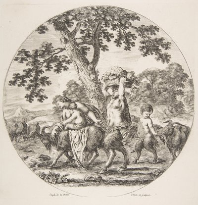 Família Sátiro caminhando para a esquerda com duas cabras e uma cesta de uvas, ca. 1657 de Stefano della Bella