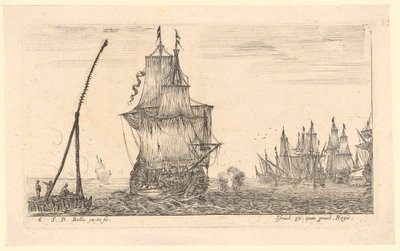 Paisagem marítima com um grande navio e um farol em primeiro plano de Stefano della Bella