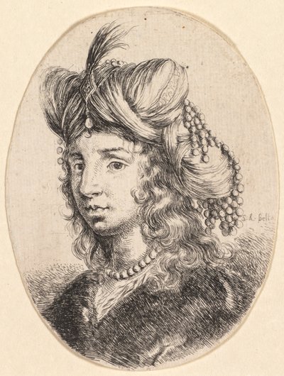 Várias cabeças no estilo persa: Retrato, Sultana usando um colar de pérolas e um turbante ..., 1649 de Stefano della Bella