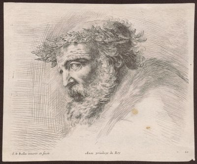 Estudo da cabeça de um ancião barbudo com uma coroa de louros, de perfil, voltada para a esquerda, do ciclo «Principii del disegno» de Stefano della Bella