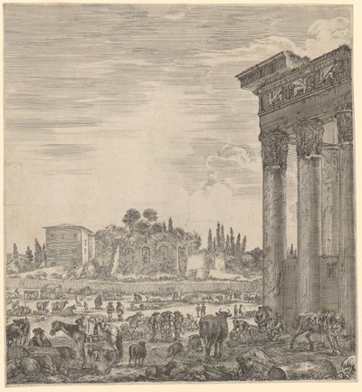 Templo de Antonino Pio e Faustina e o Campo Vaccino de Stefano della Bella