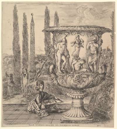 O vaso Medici, um vaso grande à direita, decorado com uma representação do sacrifício de ..., 1656. de Stefano della Bella