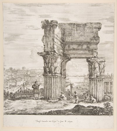 O Templo de Vespasiano e o Fórum Romano, de seis grandes vistas, quatro de Roma e duas ..., 1656. de Stefano della Bella
