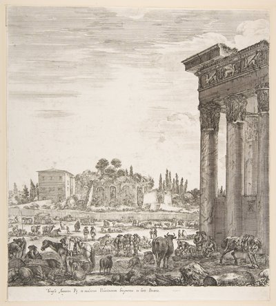 As colunas do templo de Antonino à direita, uma parte do Campo Vaccino no centro e ..., 1656. de Stefano della Bella