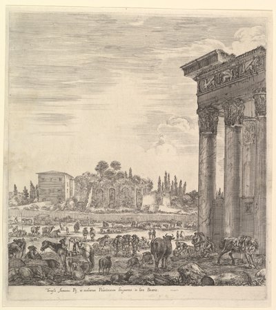 As colunas do templo de Antonino à direita, uma parte do Campo Vaccino no centro e ..., 1656. de Stefano della Bella