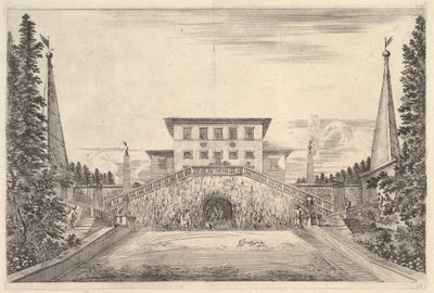 A vila no centro ladeada por quatro obeliscos, uma escada de cada lado, uma estátua em ..., ca. 1653 de Stefano della Bella