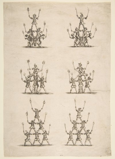 Trinta e seis acrobatas em seis grupos, 1652. de Stefano della Bella
