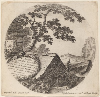 Página de título para "Paisagens e ruínas de Roma" de Stefano della Bella