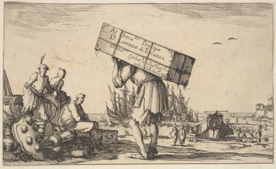 Página de rosto: um homem carregando uma caixa nas costas no centro, três homens olhando para ele em ..., 1639. de Stefano della Bella