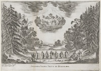 Tweede scène: het bos van Diana
Segunda cena Selva di Diana (título sobre o objecto)
Liberetto ter ere van de bruiloft van Ferdinando II de