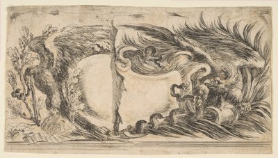 Duas metades diferentes de cartelas, cada uma mostrando uma águia lutando com uma serpente, 1646. de Stefano della Bella