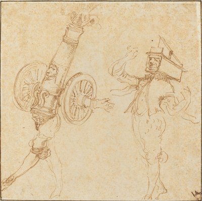 Dois homens em trajes de máscaras: um tiro de canhão e um gato dentro de uma ratoeira, c. 1645. de Stefano della Bella