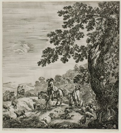 Dois Cavaleiros Passando por um Rebanho, prato cinco de As Seis Grandes Vistas de Roma e da Campagna de Stefano della Bella