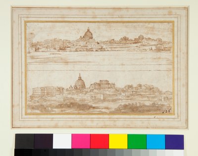Duas vistas de Roma com o Vaticano (caneta e tinta marrom e lavagem marrom) de Stefano della Bella