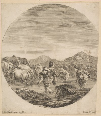 Duas mulheres atravessando um riacho, ca. 1646 de Stefano della Bella