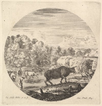 Duas vacas no centro, seguidas por duas camponesas e outras vacas no rio para le..., ca. 1643-48. de Stefano della Bella