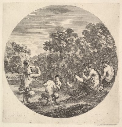 Dois sátiros e um fauno sentado à direita assistindo dois sátiros infantis e outro sátiro w ..., ca. 1643-48. de Stefano della Bella