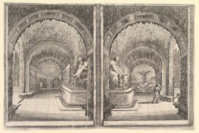 Duas vistas de uma gruta, ambas vistas com uma fonte com uma estátua sentada, vista do ..., ca. 1653 de Stefano della Bella