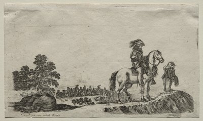 Várias figuras e paisagens: um cavaleiro perdido que investiga o caminho, 1649. de Stefano della Bella