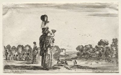 Várias figuras e paisagens: mulheres assistindo banhistas ao longo de um rio, 1649. de Stefano della Bella