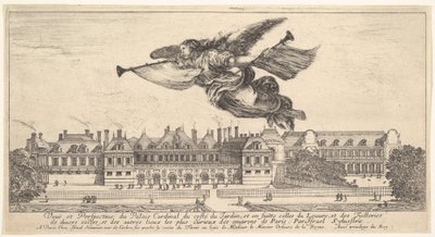 Vista do Cardeal Palais, a figura da fama no topo, voando em direção à esquerda, ..., 1649-51. de Stefano della Bella