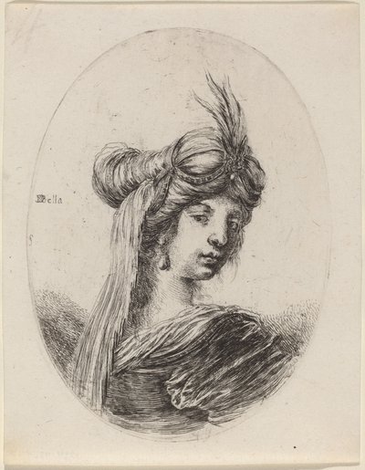 Mulher em um turbante emplumado com um véu, virado à direita, 16491650. de Stefano della Bella