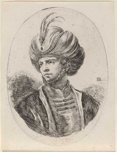 Mouro jovem com barba rala e turbante emplumado, virado à esquerda de Stefano della Bella