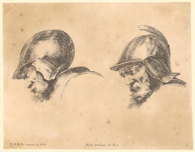 Dois retratos de homens barbudos com capacete, de perfil para a esquerda de Stefano della Bella