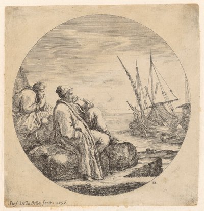 Dois comerciantes turcos descansam na margem, ao lado das barcas de Stefano della Bella